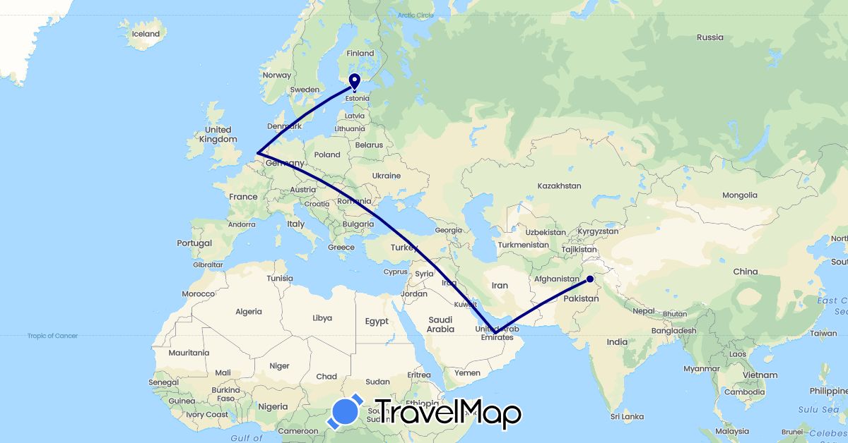 TravelMap itinerary: driving in United Arab Emirates, Estonia, Finland, Netherlands, Pakistan (Asia, Europe)